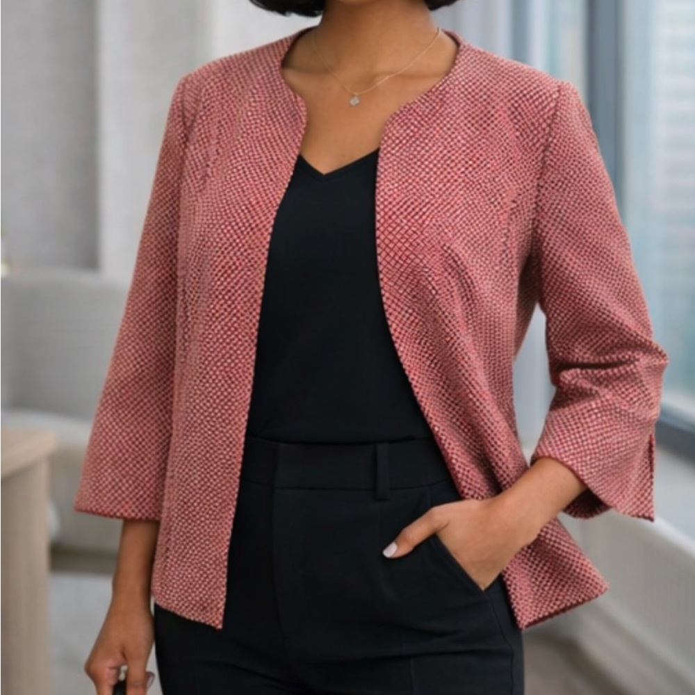 Red & White Open Front Blazer Structured Jacket